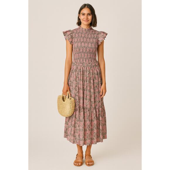 NWT PERRY WALKER Women’s Floral Ruffle Sleeve Smocked Tiered Midi Dress Size 2 - Picture 1 of 8